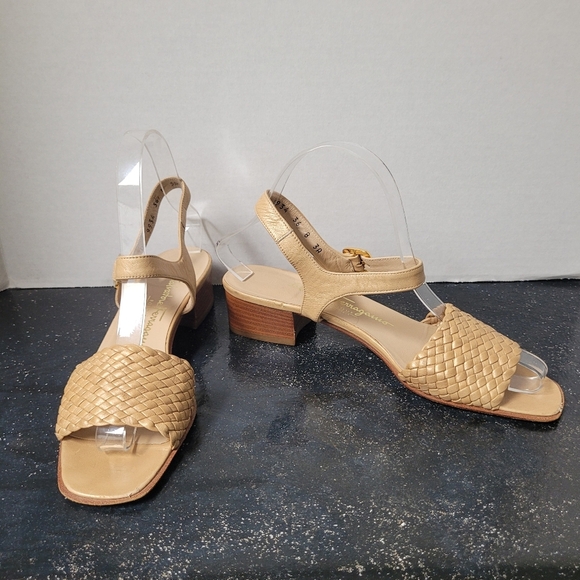 Salvatore Ferragamo Gold Woven Leather Sandals - Picture 1 of 11